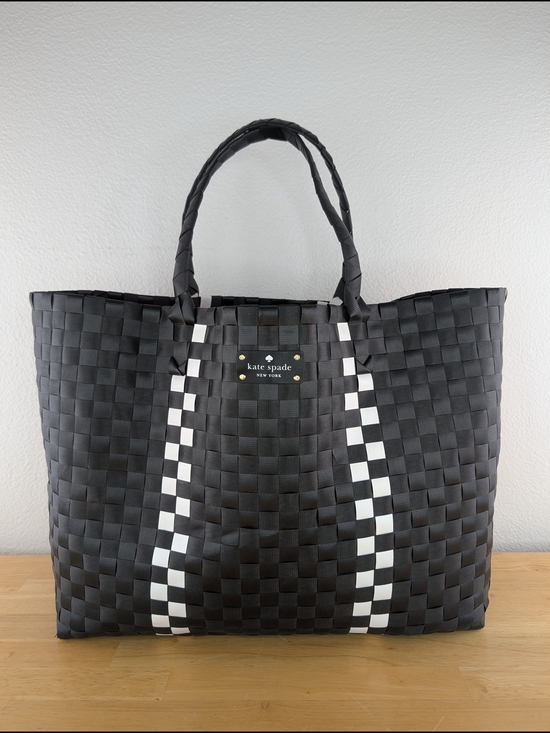 kate spade Handbags - Kate Spade Black White Checker Stripe Basket Weave Woven Tote Bag Beach Shopping